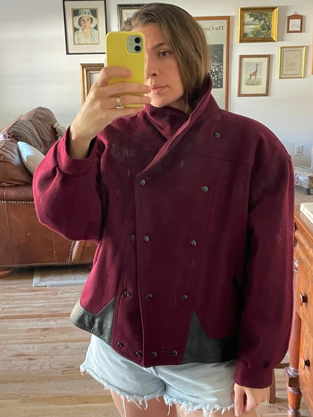 Burgundy Wool Oversize Cropped Funnel Neck Jacket